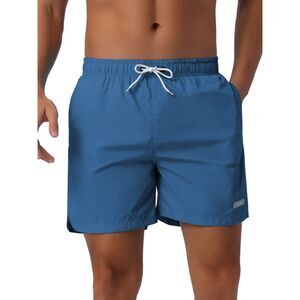 Summer Drawstring Elastic Waist Mesh Lining Solid Board Shorts Navy Blue